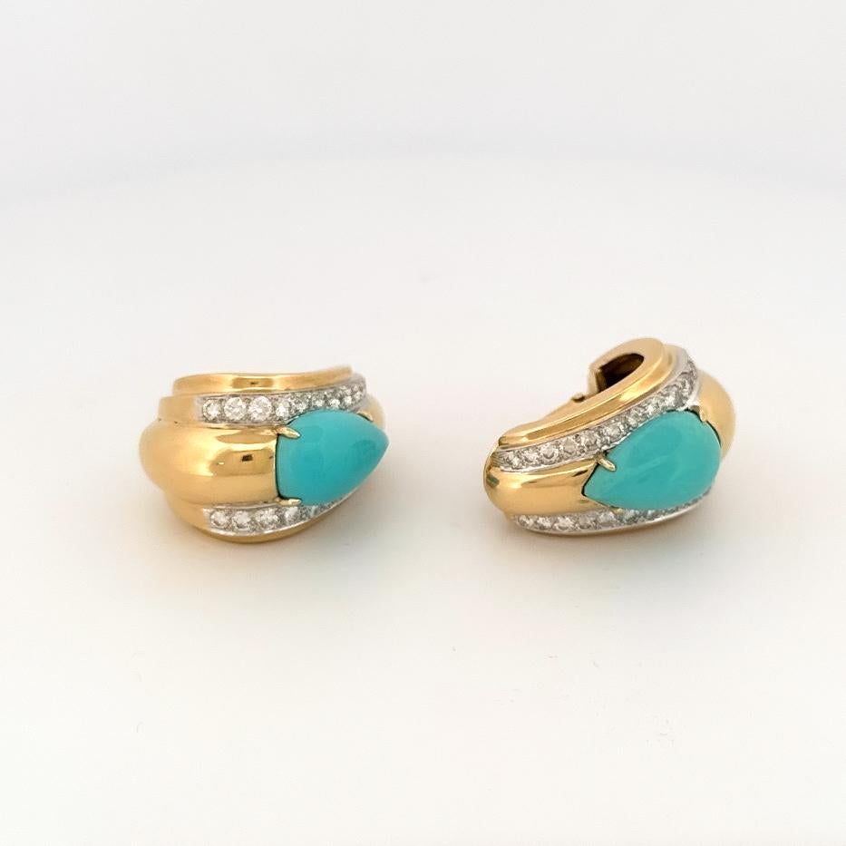 David Webb 18k Yellow Gold & Platinum Turquoise & Diamond Half Hoop Earrings 7