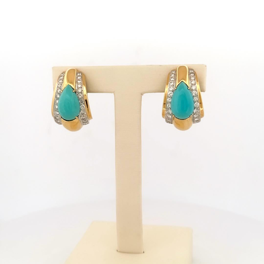 Pear Cut David Webb 18k Yellow Gold & Platinum Turquoise & Diamond Half Hoop Earrings