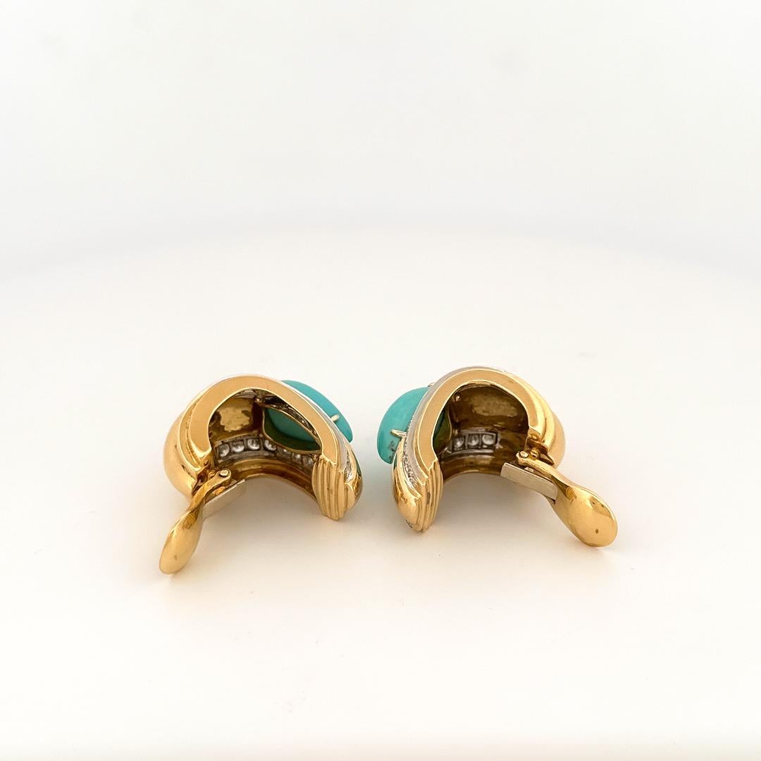 Women's David Webb 18k Yellow Gold & Platinum Turquoise & Diamond Half Hoop Earrings