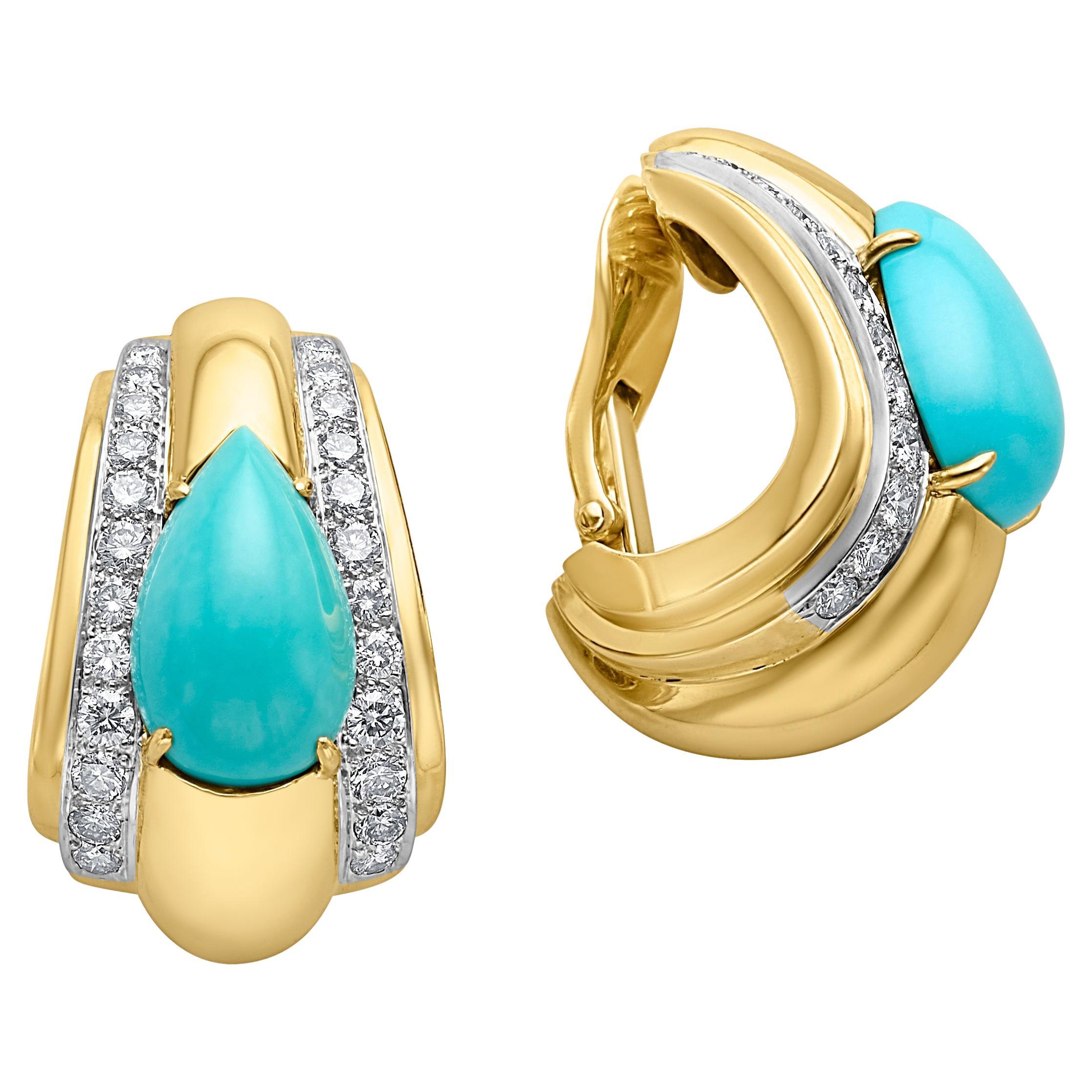 David Webb 18k Yellow Gold & Platinum Turquoise & Diamond Half Hoop Earrings