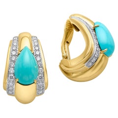 David Webb 18k Yellow Gold & Platinum Turquoise & Diamond Half Hoop Earrings