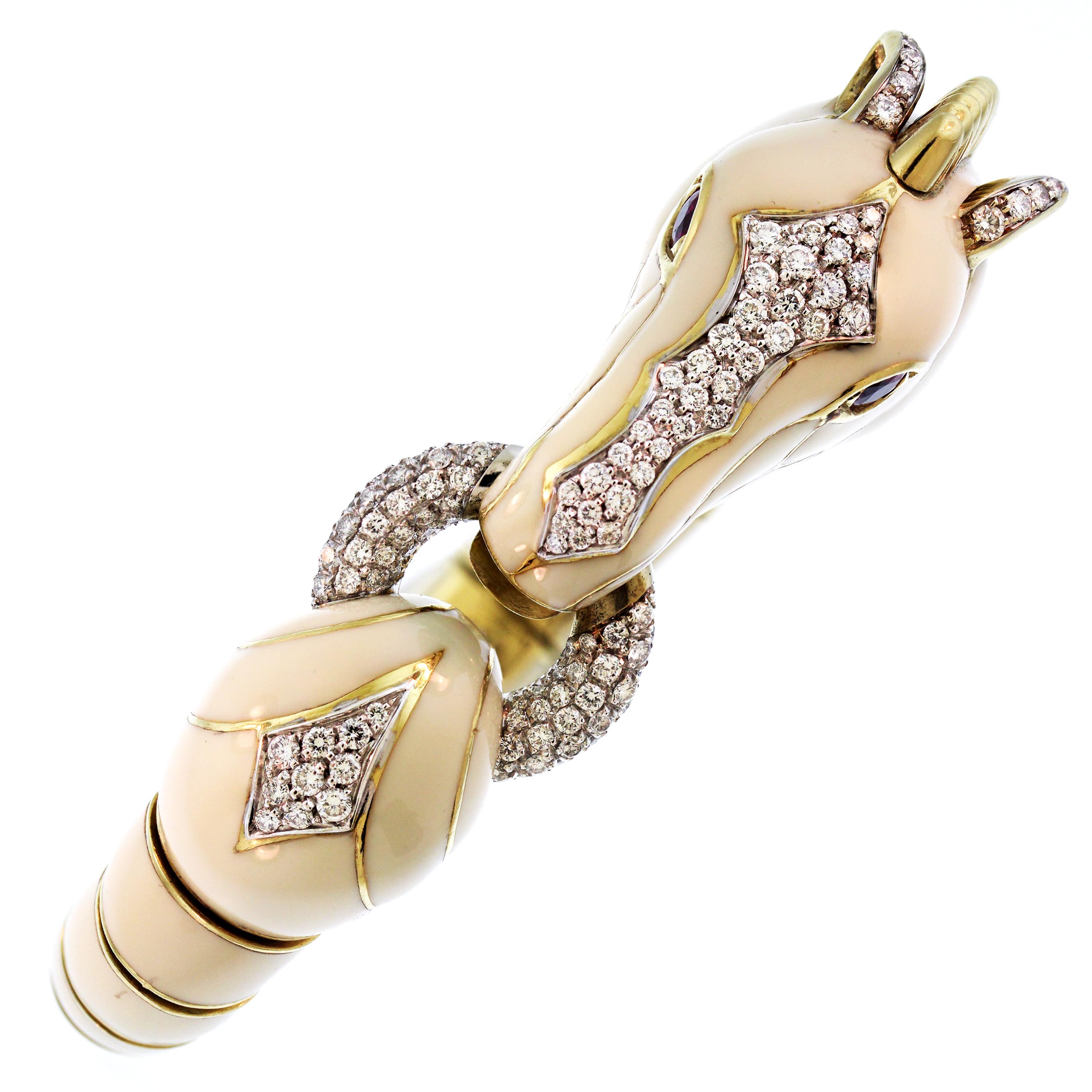 David Webb 18 Karat Gold Platinum White Enamel Diamond Ruby Horse Zebra Bracelet

For the David Webb Animal Kingdom Collection

This state of the art bracelet features white enamel work all throughout. 

Apprx. 3.20 carat G-F color, VS clarity white