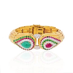 David Webb 18k Yellow Gold Raja Tears Green Emeralds, Rubies, Diamond Bracelet