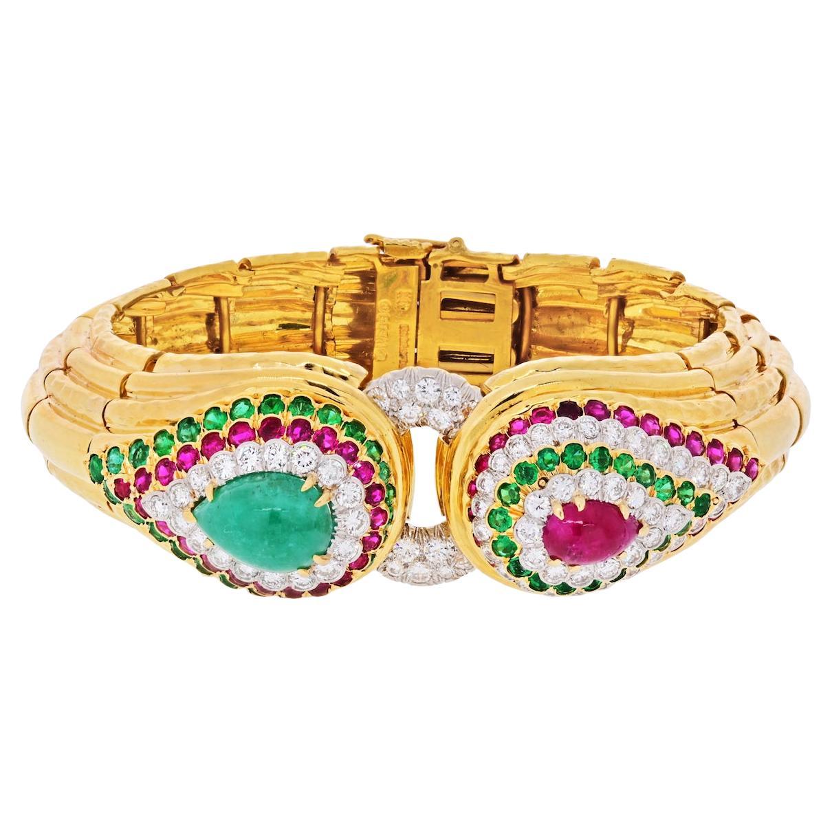 David Webb 18k Yellow Gold Raja Tears Green Emeralds, Rubies, Diamond Bracelet For Sale