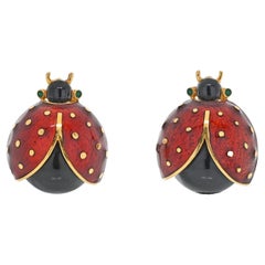 David Webb 18K Yellow Gold Red and Black Enamel Lady Bug Clip on Earrings
