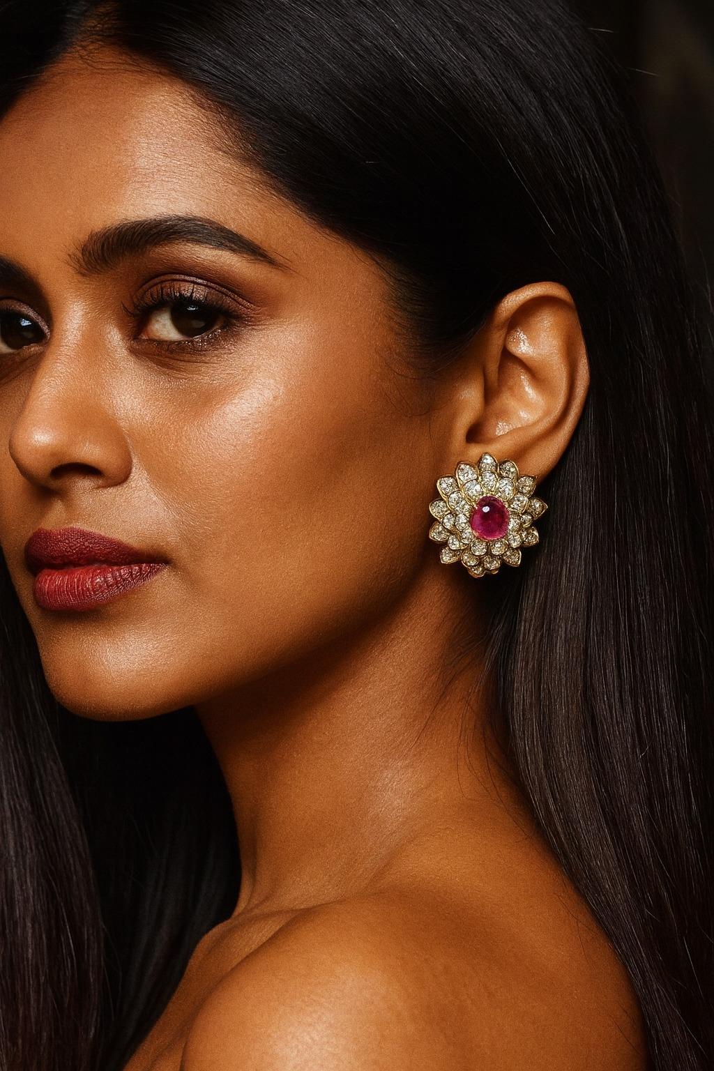 David Webb 18K Gelbgold Rote Koralle und Diamant Ohrringe (Cabochon) im Angebot