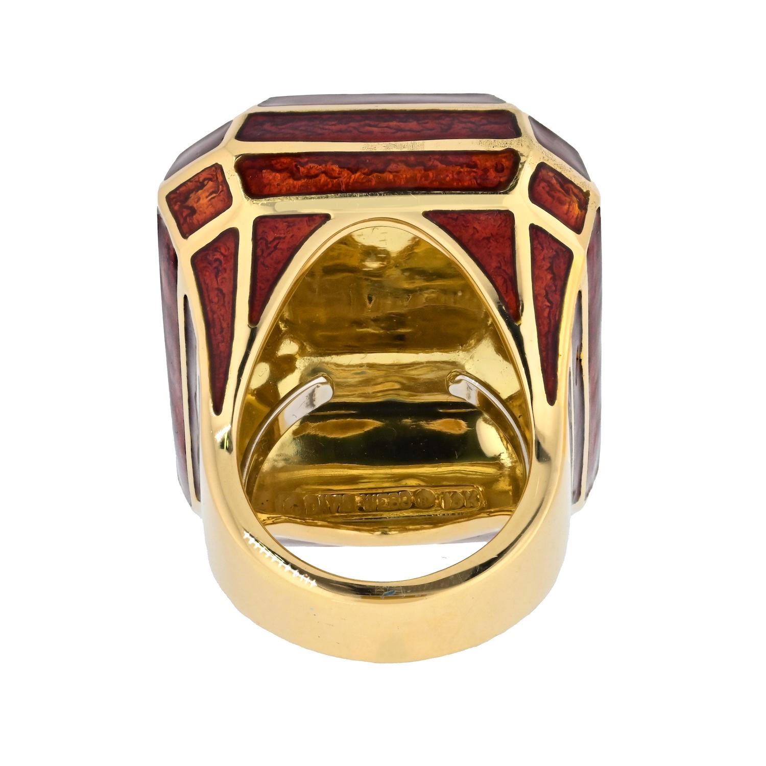 Women's David Webb 18K Yellow Gold Red Enamel Cocktail Ring For Sale