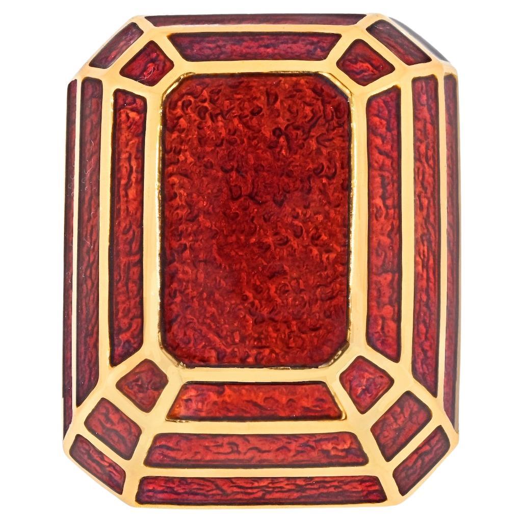 David Webb 18K Yellow Gold Red Enamel Cocktail Ring For Sale