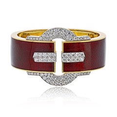 David Webb 18K Yellow Gold Red Enamel Diamond Cuff Bracelet
