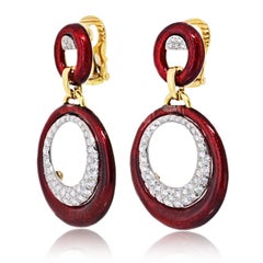 David Webb 18K Yellow Gold Red Enamel Hoop Diamond Earrings