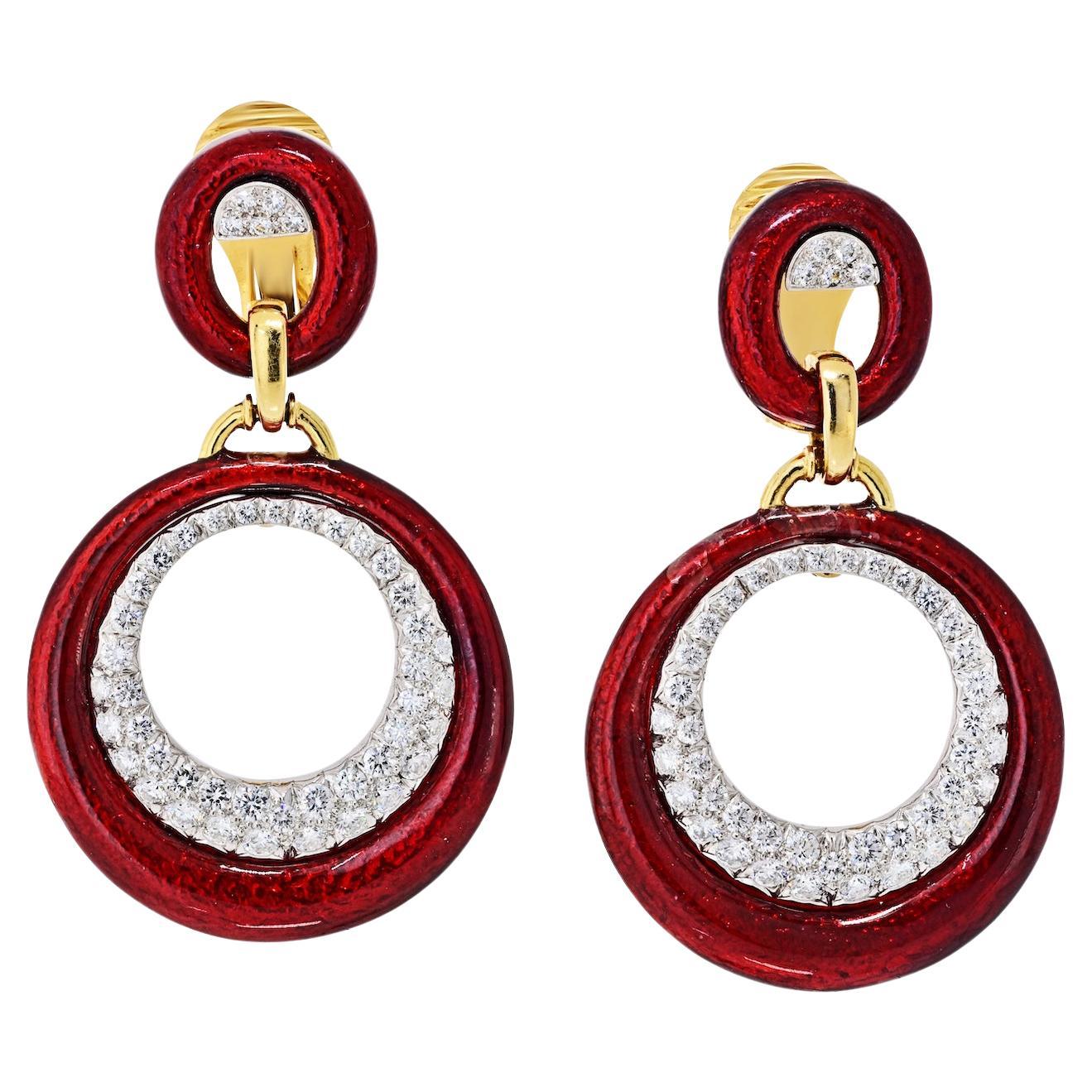 David Webb 18K Yellow Gold Red Enamel Hoop Diamond Earrings