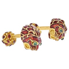Vintage David Webb 18K Yellow Gold Red Enamel Lion Heads Cufflinks