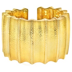 David Webb 18K Yellow Gold Ridge Wide Hammered Cuff Bracelet