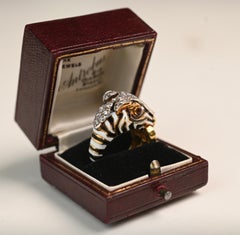 David Webb 18K Yellow Gold Ring. 0.60ct Diamond Ruby Black White Enamel Zebra