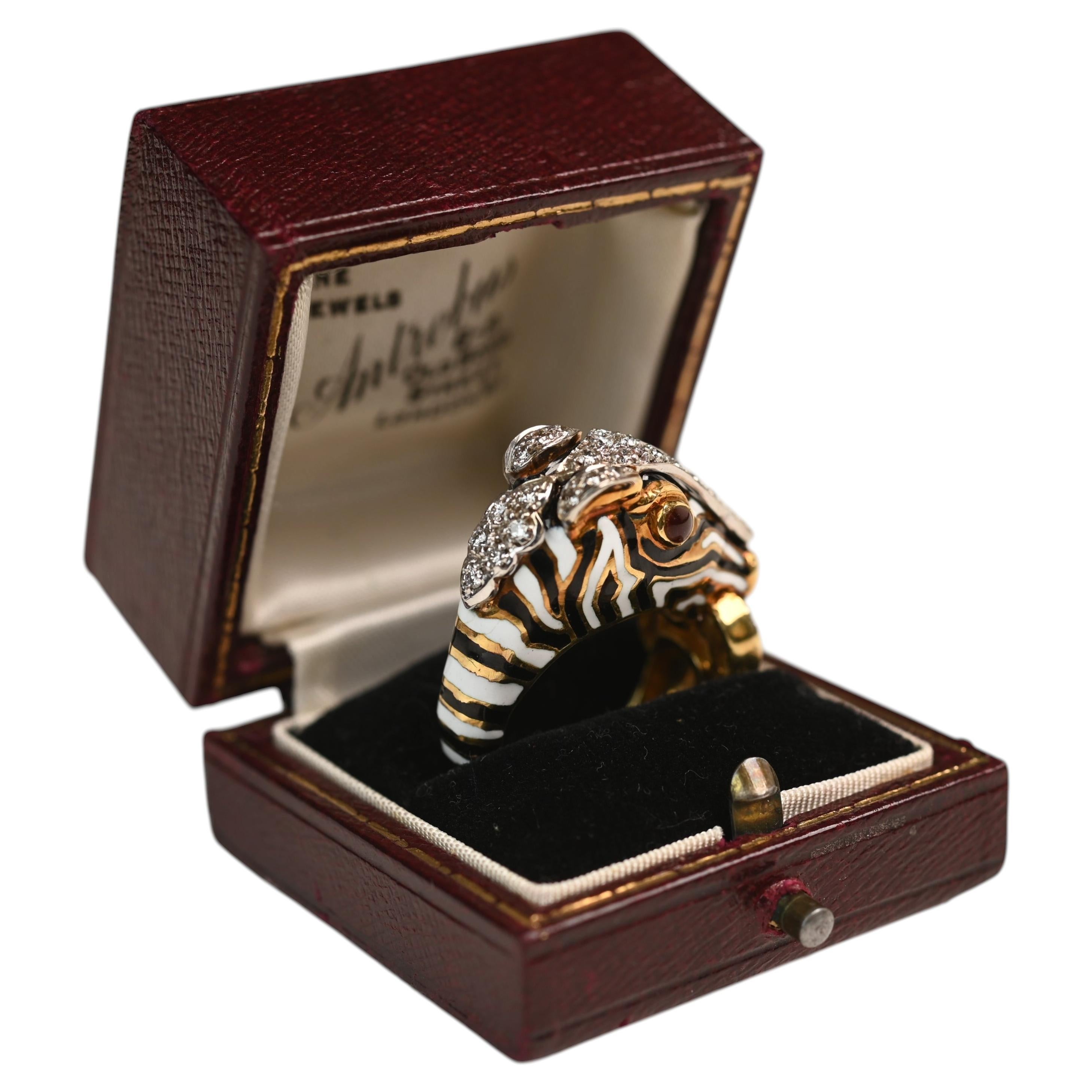 Pre-owned David Webb 18k Yellow Gold Ring. 0.60ct Diamond Ruby Black White Enamel Zebra
