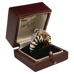 David Webb 18K Yellow Gold Ring. 0.60ct Diamond Ruby Black White Enamel Zebra