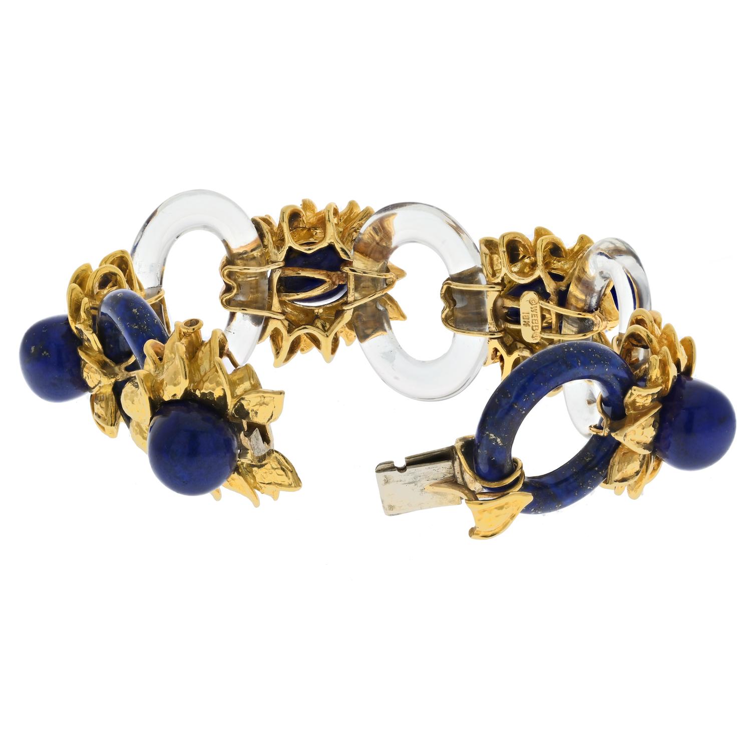 Taille cabochon David Webb - Bracelet en or jaune 18 carats, cristal de roche et lapis-lazuli en vente