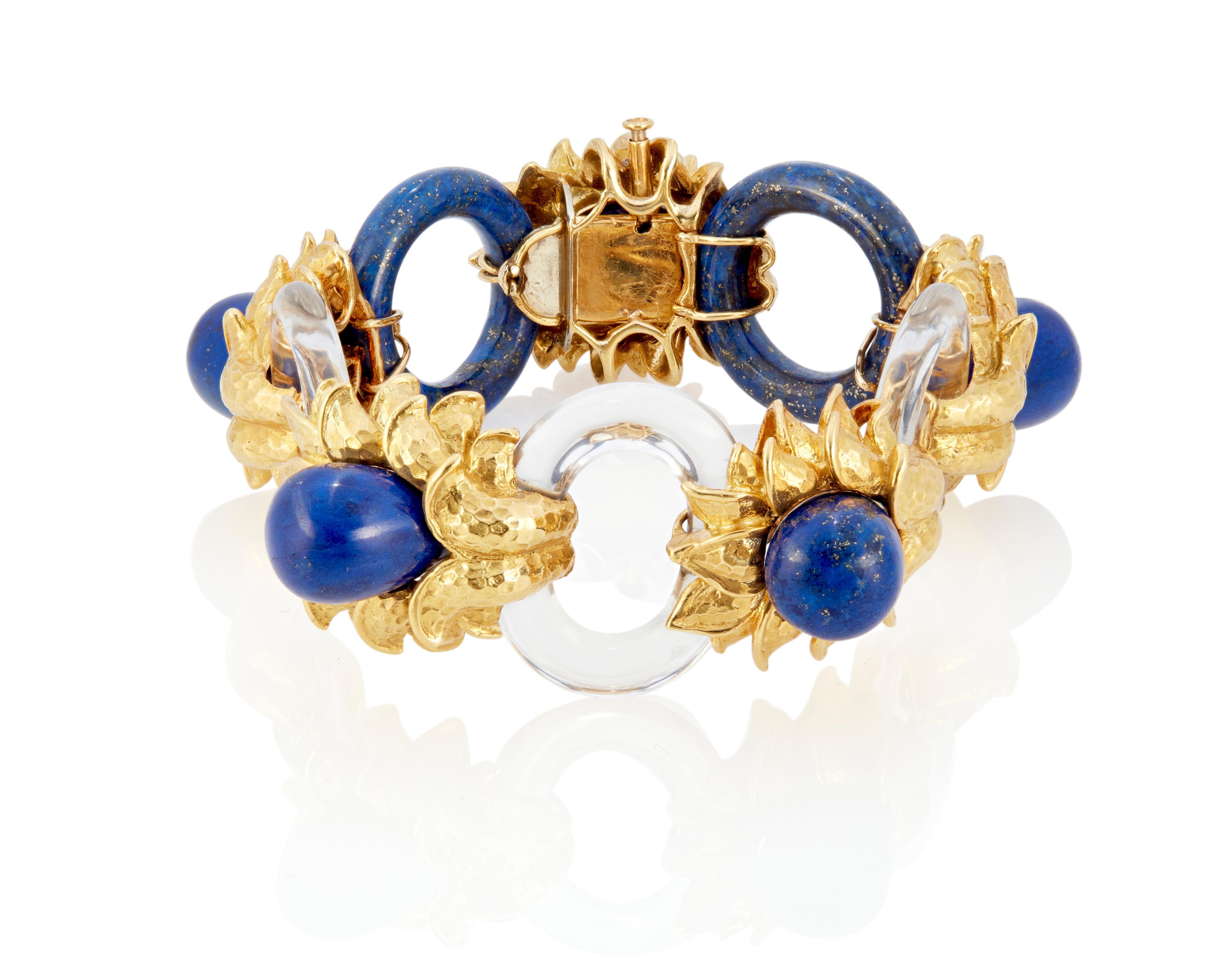 Modern David Webb 18k Yellow Gold Rock Crystal and Lapis Lazuli Bracelet For Sale