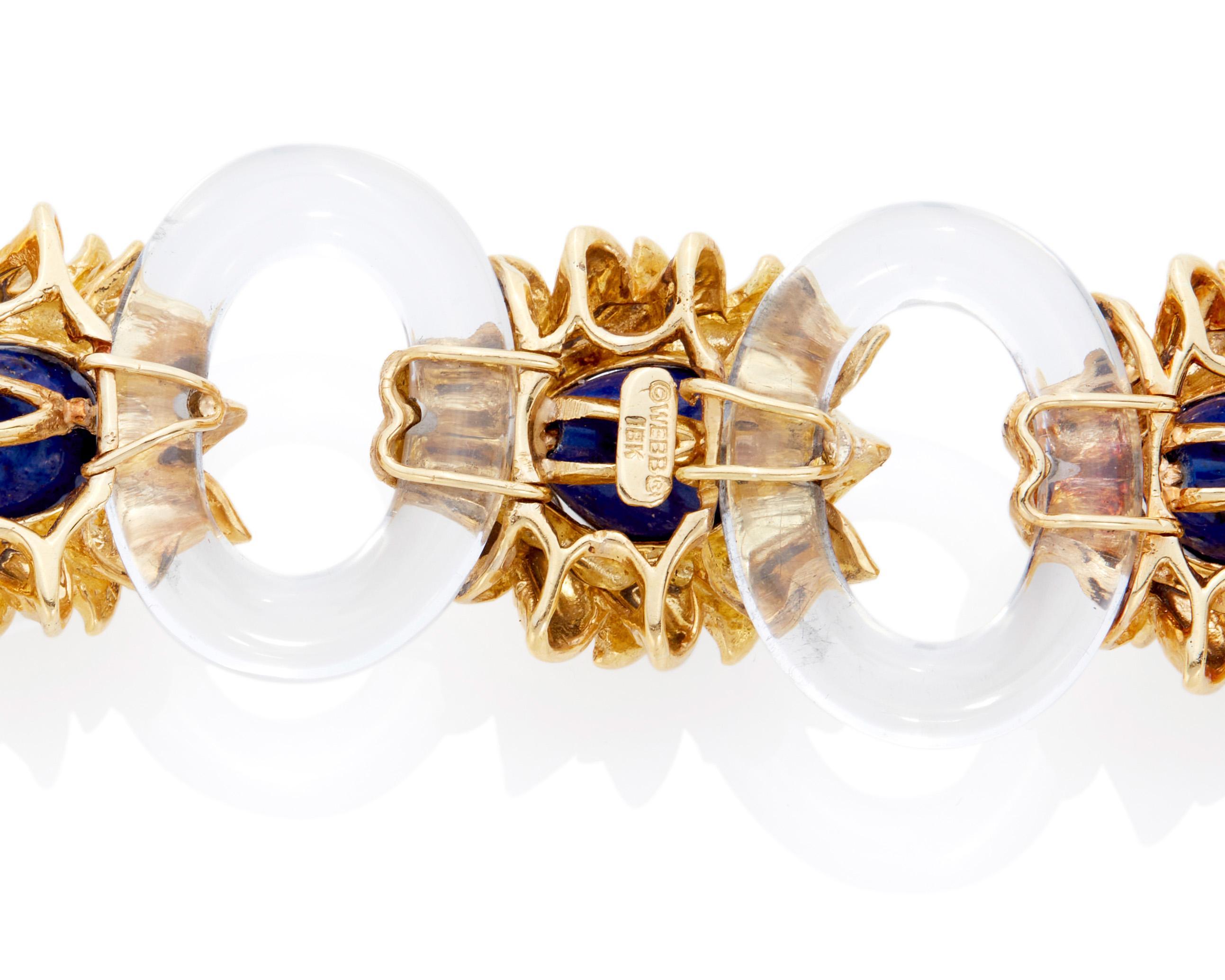 Cabochon David Webb 18k Yellow Gold Rock Crystal and Lapis Lazuli Bracelet For Sale