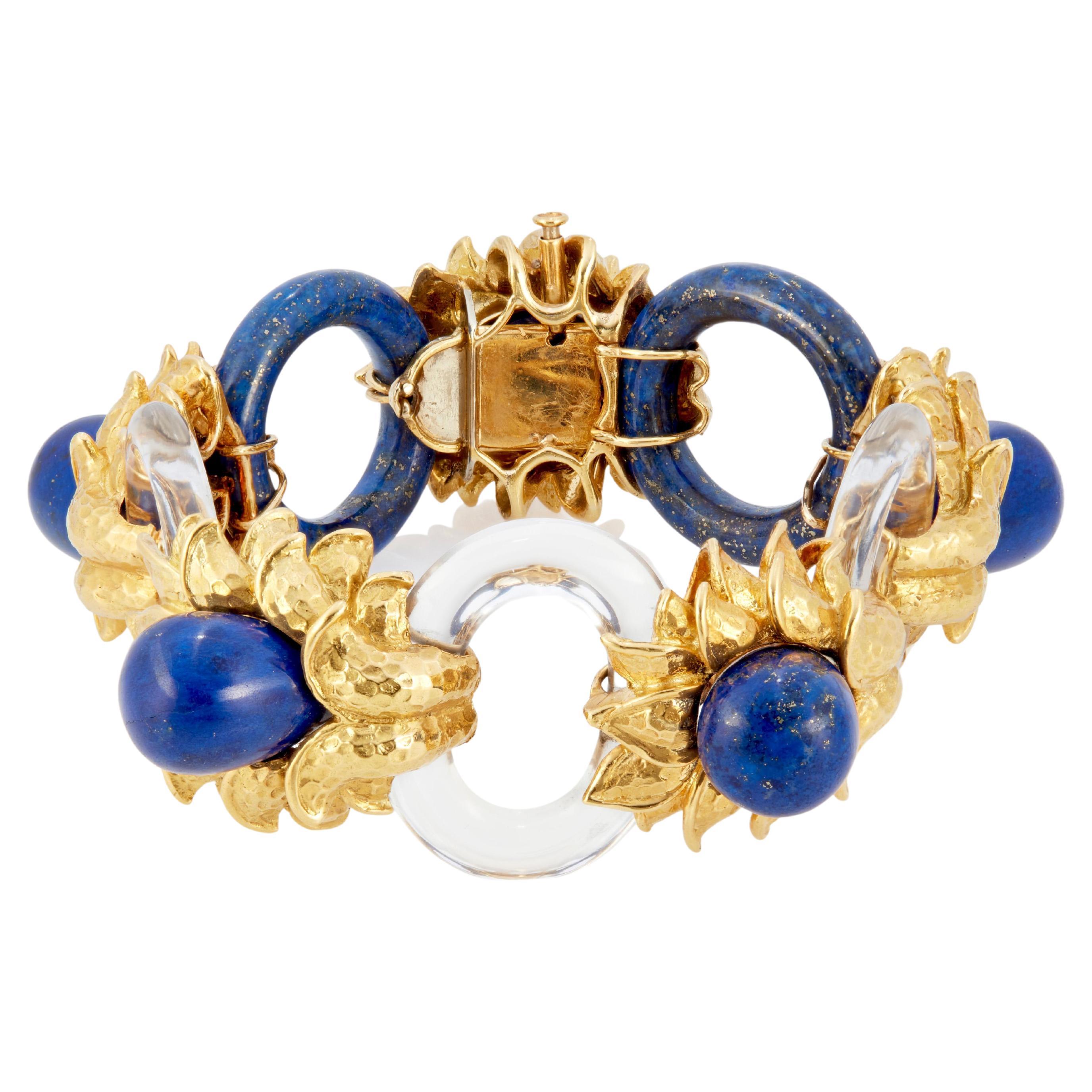 David Webb 18k Yellow Gold Rock Crystal and Lapis Lazuli Bracelet For Sale