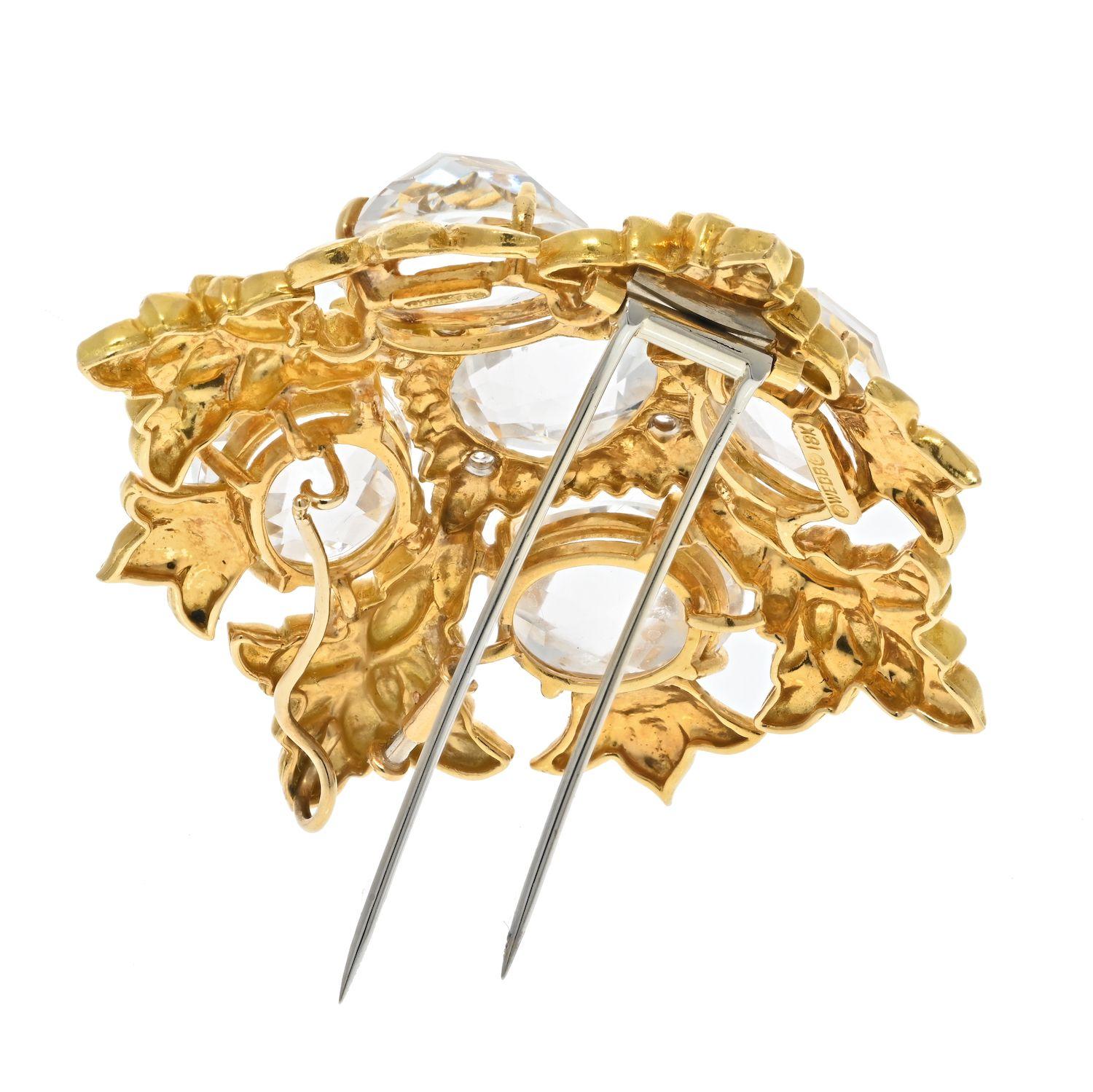 Round Cut David Webb 18K Yellow Gold Rock Crystal Maltese Style Cross Pendant Brooch For Sale
