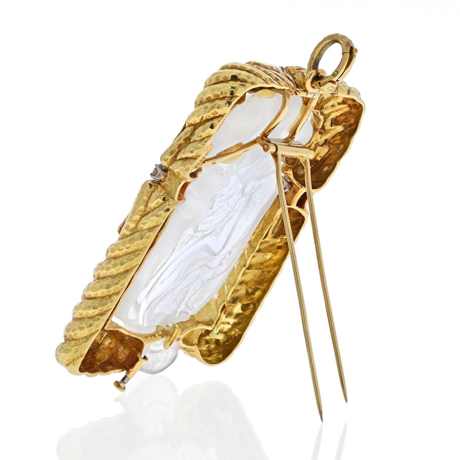 Modern David Webb 18K Yellow Gold Rock Crystal Monkey Pendant, Brooch For Sale