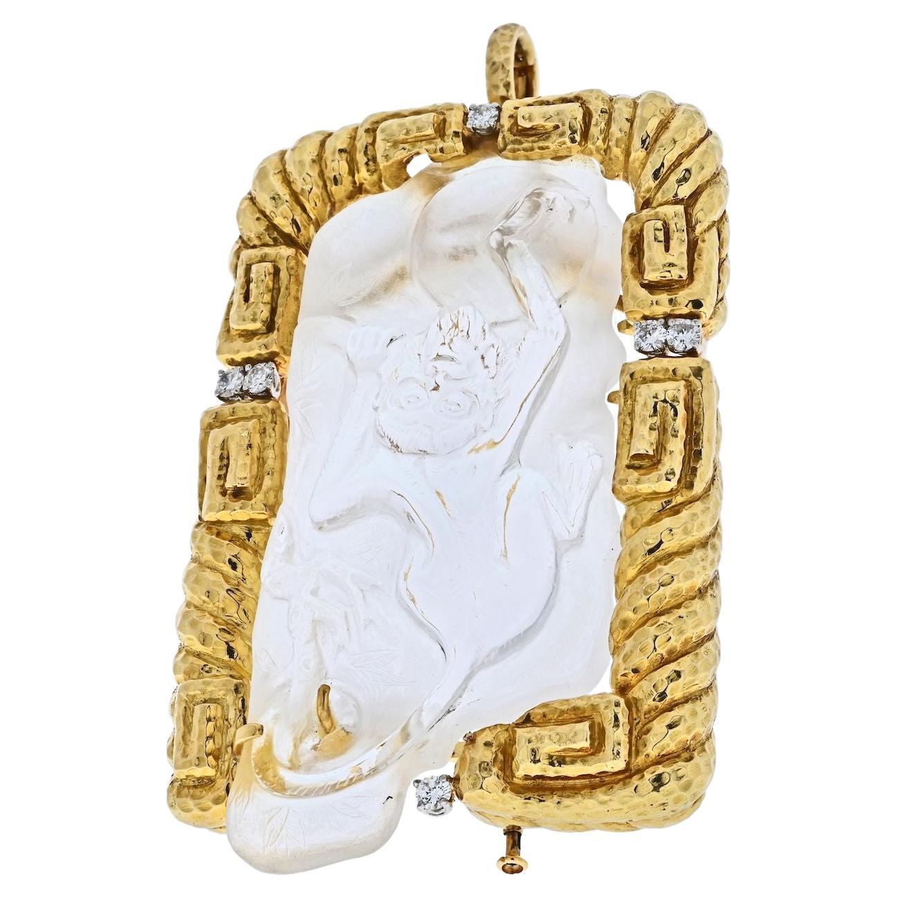 David Webb 18K Yellow Gold Rock Crystal Monkey Pendant, Brooch For Sale