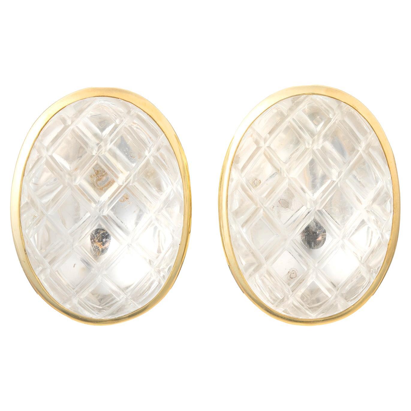 David Webb 18k Yellow Gold Rock Crystal Pool Clip Earrings For Sale