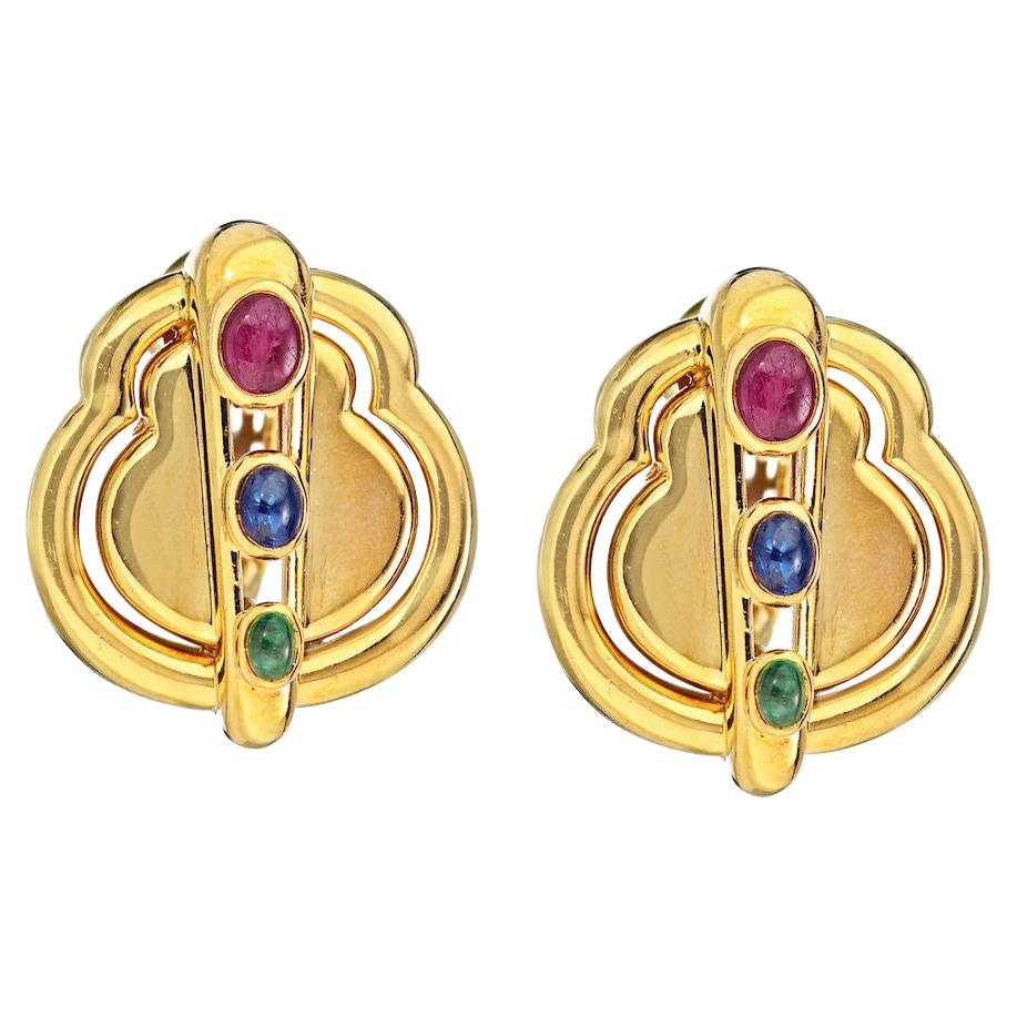 David Webb 18K Yellow Gold Ruby, Emerald, Sapphire Earrings