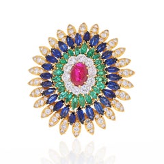 David Webb 18K Yellow Gold Ruby, Sapphire, Emerald and Diamond Pendant Brooch