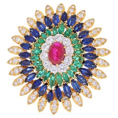 David Webb 18K Yellow Gold Ruby, Sapphire, Emerald and Diamond Pendant Brooch