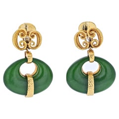 David Webb 18K Yellow Gold Scepter Jade and Hammered Gold Drop Dangling Earrings