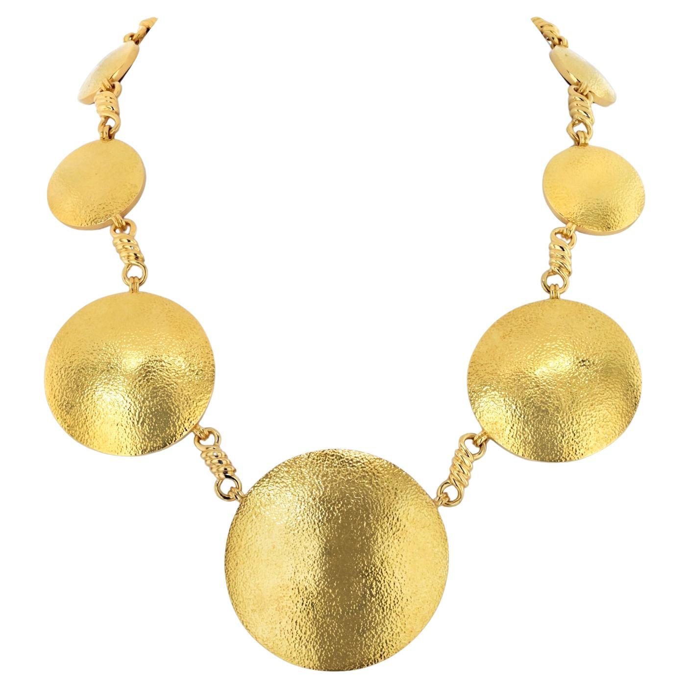 David Webb 18K Yellow Gold Solar Hammered Disk Necklace For Sale