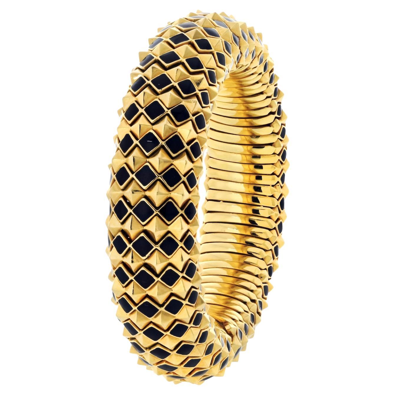 David Webb 18K Yellow Gold Spike Black Enamel Pyramid Slip On Bracelet