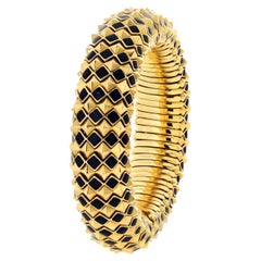 David Webb 18K Yellow Gold Spike Black Enamel Pyramid Slip On Bracelet