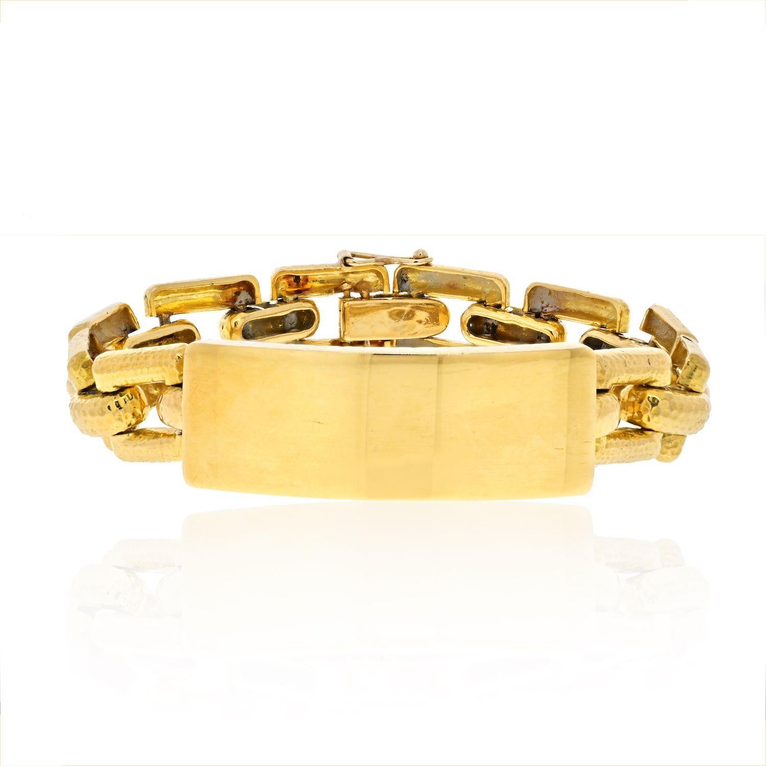 Beyond special and trendy this clean and classic 18k yellow gold bracelet is a great addition to your jewelry collection. This beautiful bracelet can be custom engraved or pave set with diamonds. Endless possibilities as to what to engrave how to