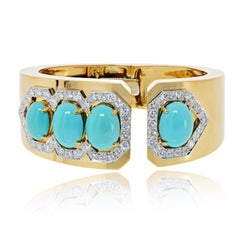 Pulsera de David Webb de oro amarillo de 18 quilates con turquesas y diamantes en proporción de tres a uno