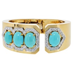 David Webb 18K Yellow Gold Three to One Turquoise Diamond Bracelet