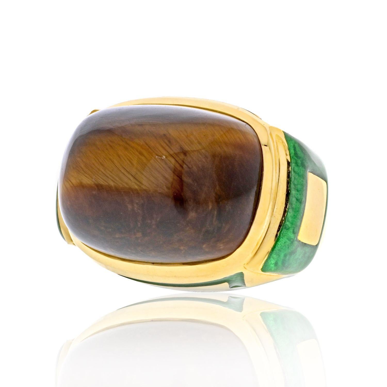 David Webb 18K Yellow Gold Tiger Eye High Polished Green Enamel Cocktail Ring In Excellent Condition For Sale In New York, NY