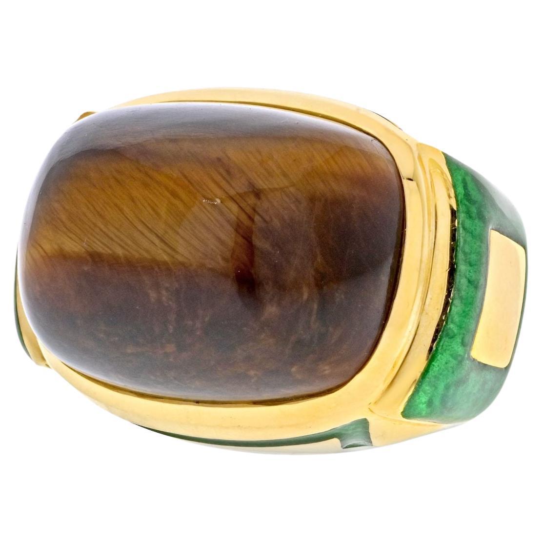 David Webb 18K Yellow Gold Tiger Eye High Polished Green Enamel Cocktail Ring For Sale