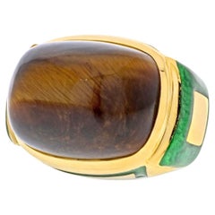 Vintage David Webb 18K Yellow Gold Tiger Eye High Polished Green Enamel Cocktail Ring