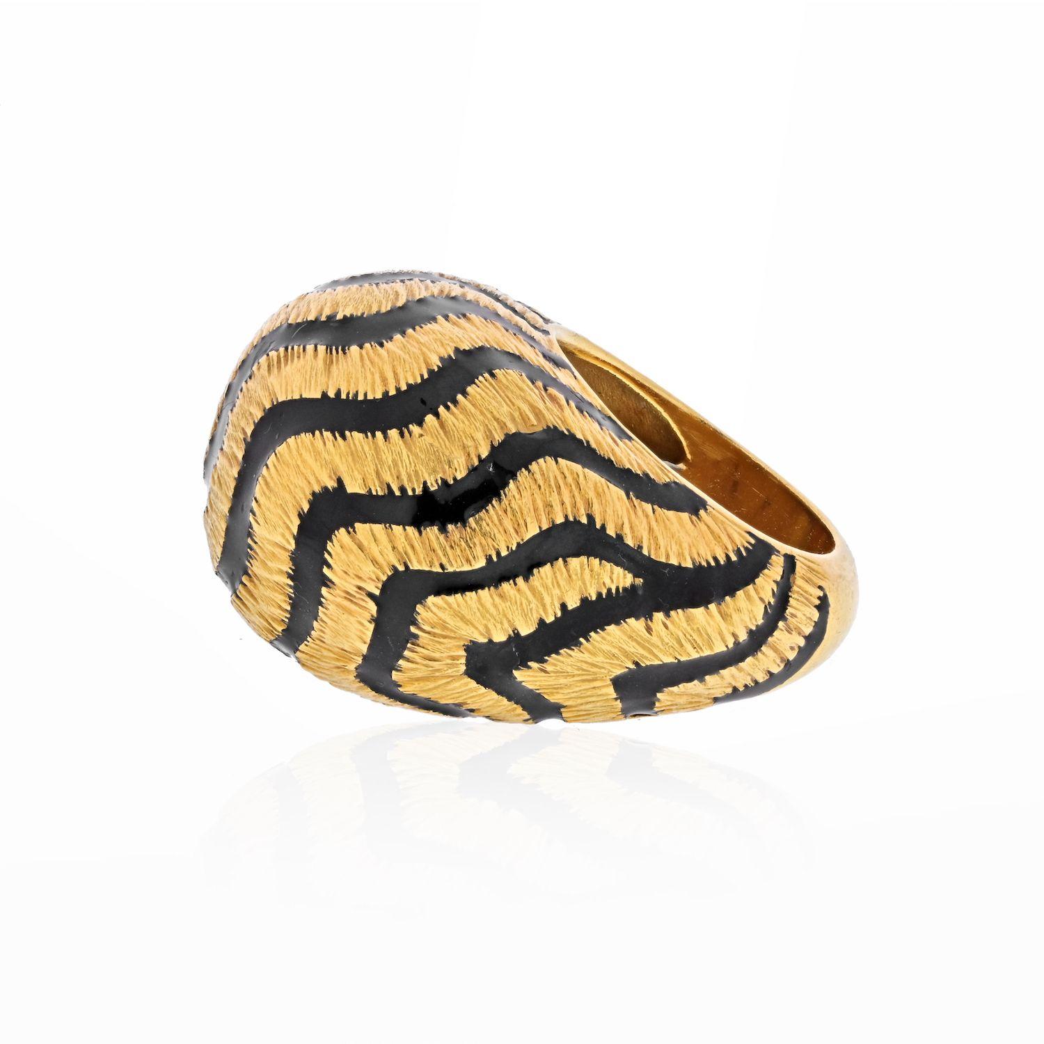 Modern David Webb 18K Yellow Gold Tiger Stripe Black Enamel Dome Ring For Sale
