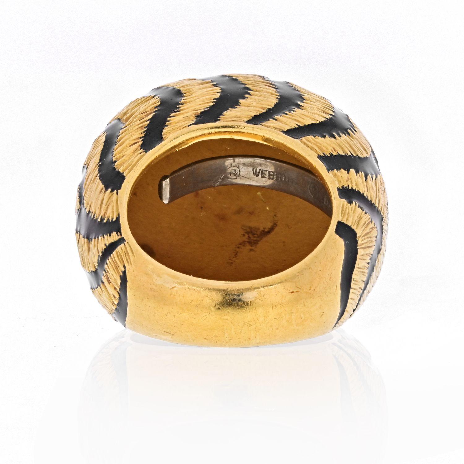Women's or Men's David Webb 18K Yellow Gold Tiger Stripe Black Enamel Dome Ring For Sale