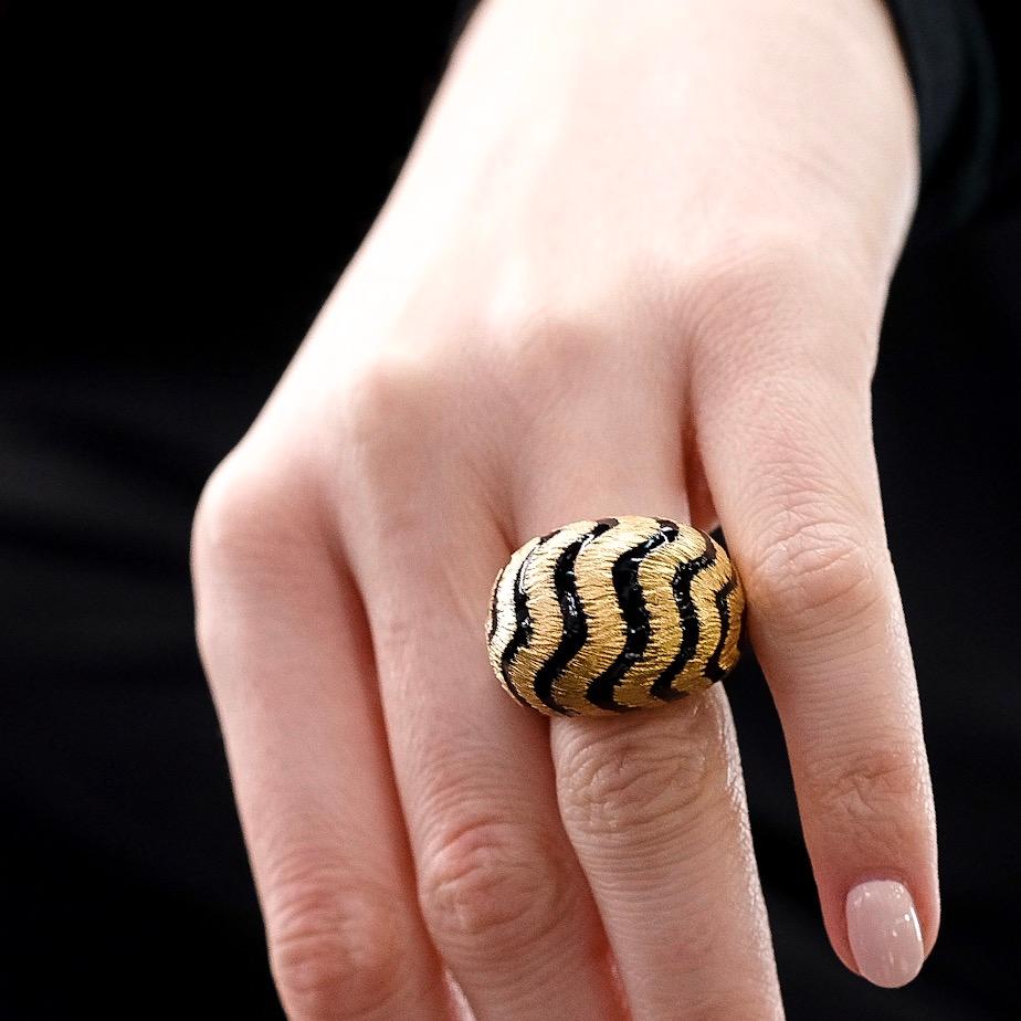 David Webb 18K Yellow Gold Tiger Stripe Black Enamel Dome Ring For Sale 4
