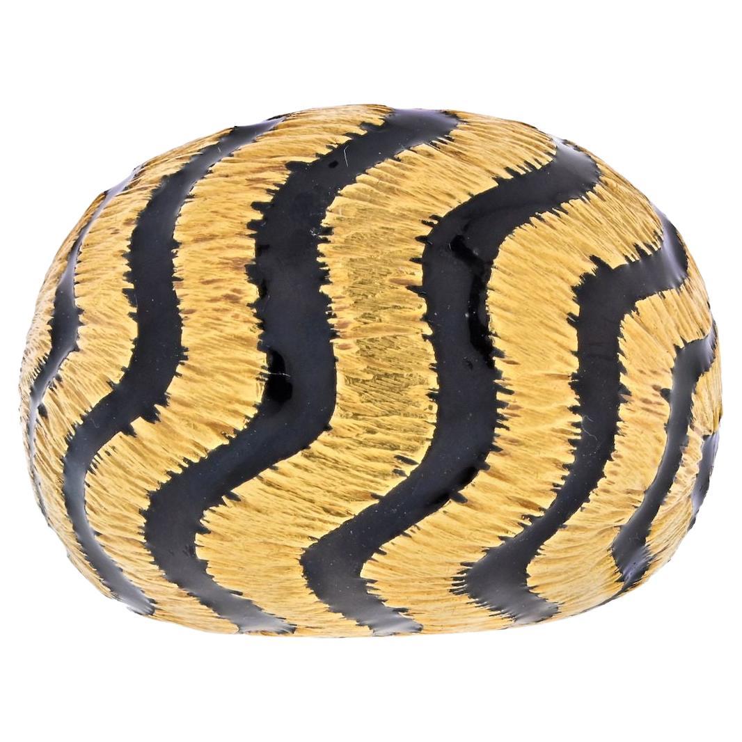 David Webb 18K Yellow Gold Tiger Stripe Black Enamel Dome Ring For Sale