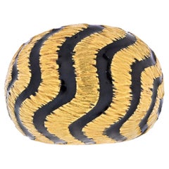 Vintage David Webb 18K Yellow Gold Tiger Stripe Black Enamel Dome Ring