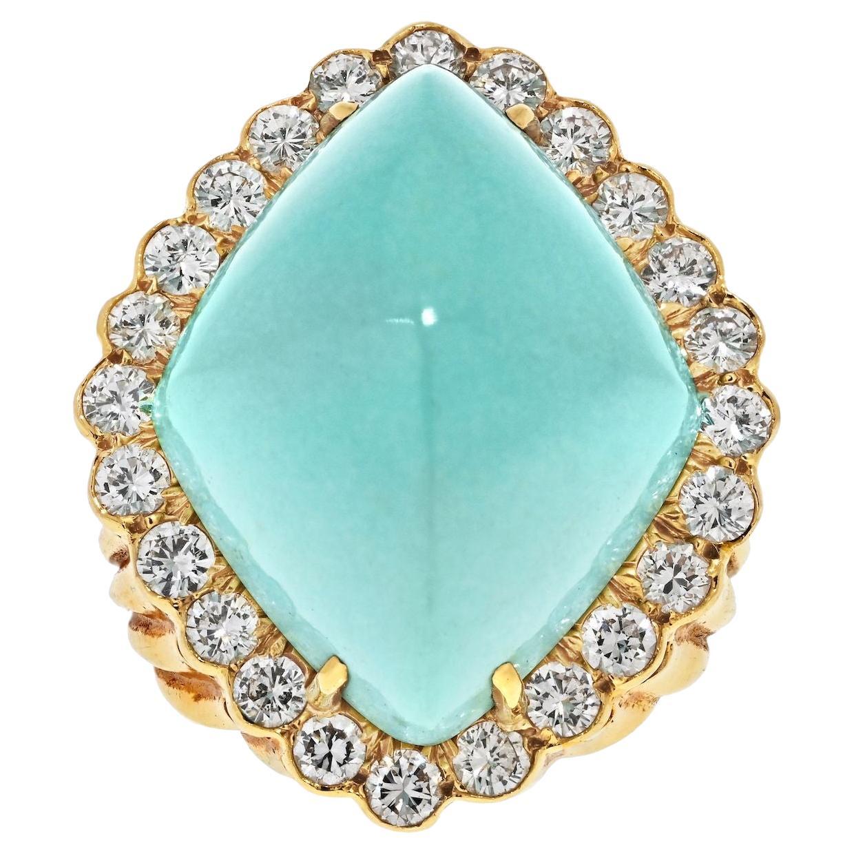 David Webb 18K Yellow Gold Turquoise And Diamond 3.30cttw Cocktail Ring