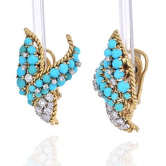 David Webb 18K Yellow Gold Turquoise and Diamond Earrings