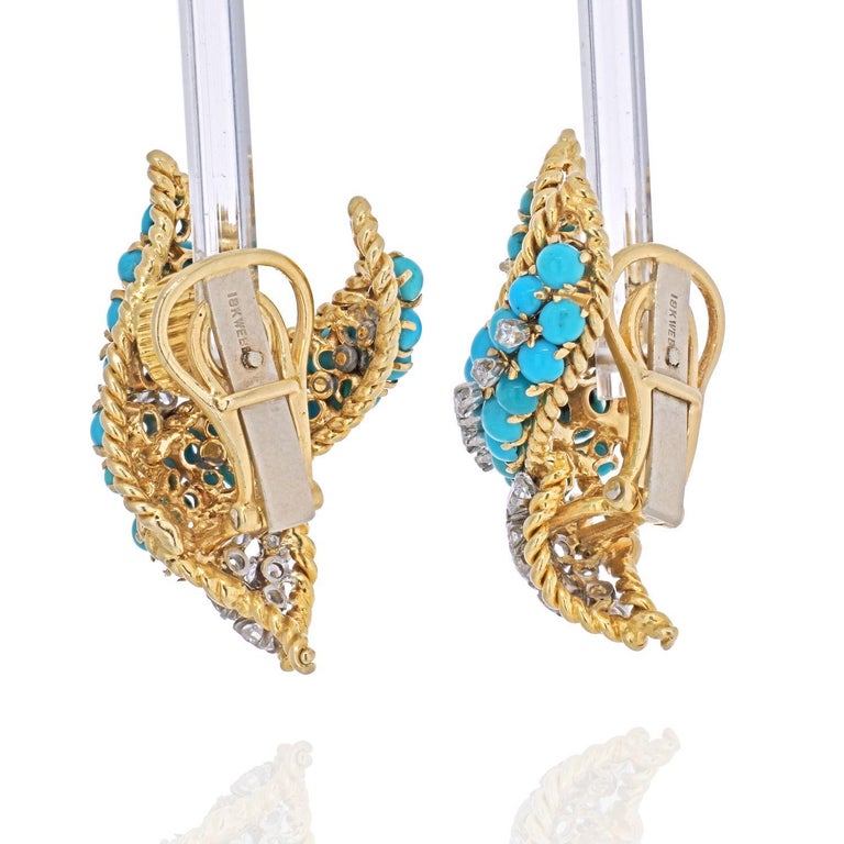 Modern David Webb 18K Yellow Gold Turquoise and Diamond Earrings For Sale