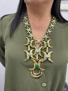 David Webb 18K Yellow Gold Turquoise Emerald Gold Crescent Necklace